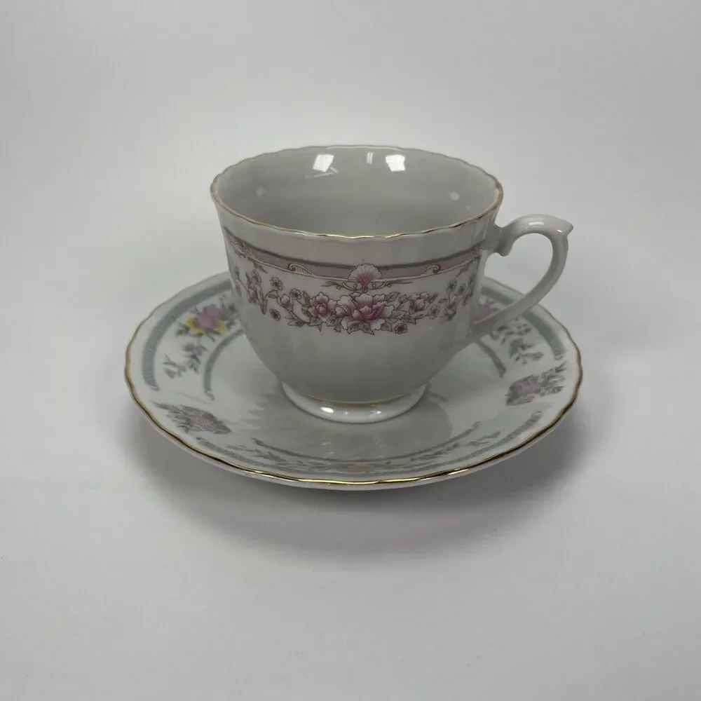 Vintage Tea Cup and Saucer Made in China Pink Yellow Flowers Gray Accents White